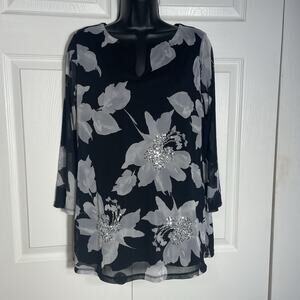 Inc International Concepts Shirt Women Medium Black Gray Floral Sequin Fairy